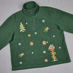 Vintage Northcrest Holiday Sweater Womens Medium Green Fleece ¼ Zip Pullover